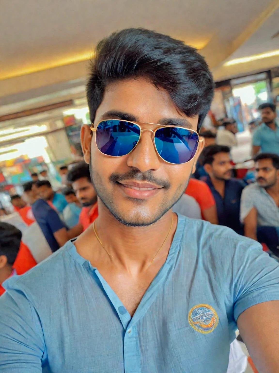 there is a man wearing sunglasses and an blueshirt, with accurate face, with lovely look, without beard, very very low quality picture, 8k selfie photograph, jayison devadas, with sunglass, ayan nag, with kind face, jayison devadas style, portait photo profile picture, candid picture, with a beautifull smile, without helmet