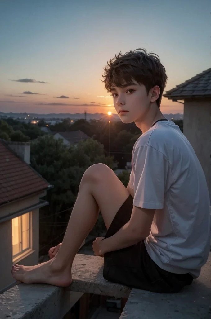 15-year-old boy sitting on top of the house and a very beautiful sunset in the background (4K quality)