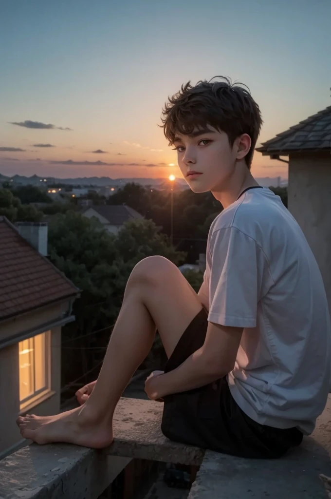 15-year-old boy sitting on top of the house and a very beautiful sunset in the background (4K quality)