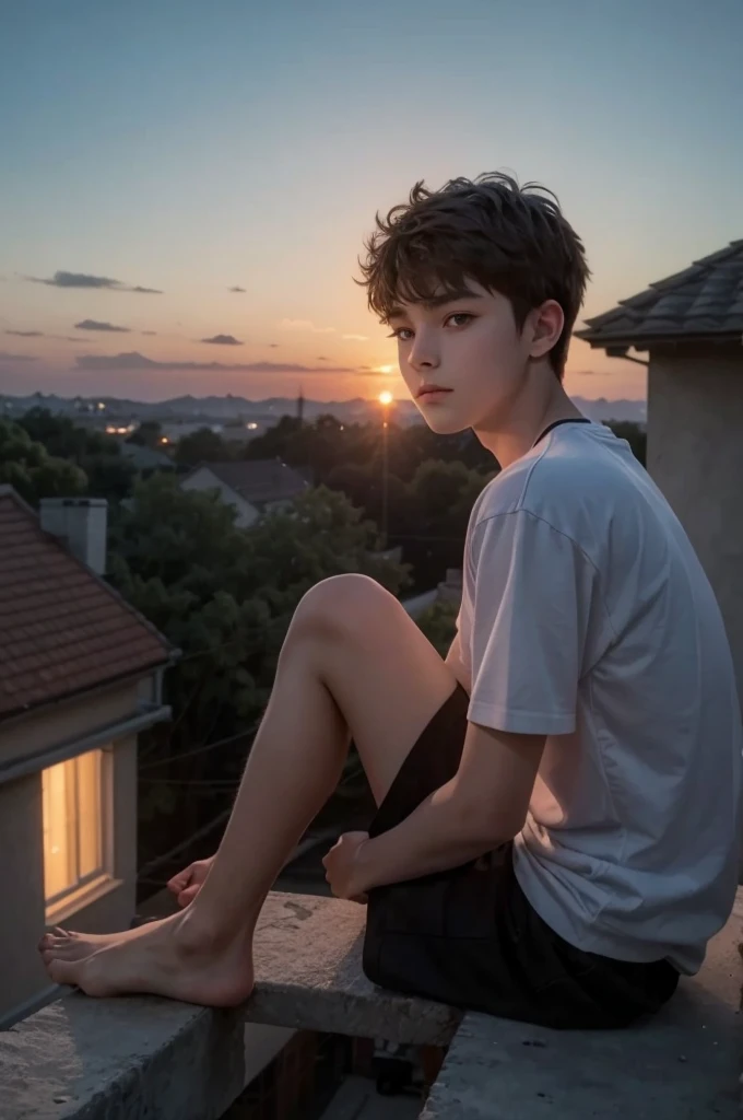 15-year-old boy sitting on top of the house and a very beautiful sunset in the background (4K quality)