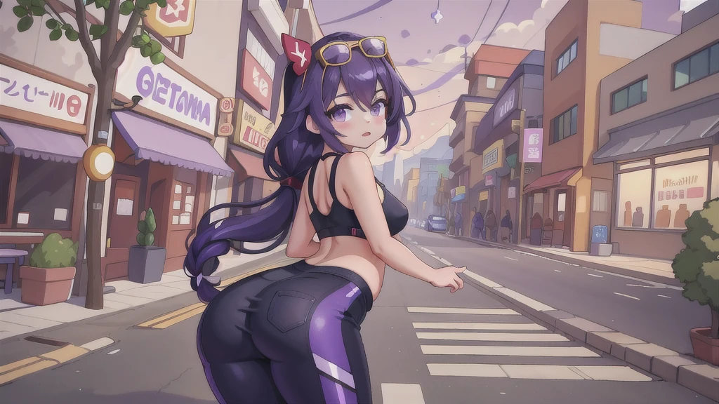 (masterpiece, best quality), high quality, absurdres, highres, ultra detailed, intricate, beautiful woman, 1girl, kafka \(honkai: star rail\), star-kafka, looking at viewer, from behind, looking back, ass, toned, sports bra, leggings, high-waist pants, yoga pants, ponytail, purple hair, purple eyes, sunglasses, hair between eyes, eyewear on head, outdoors,
