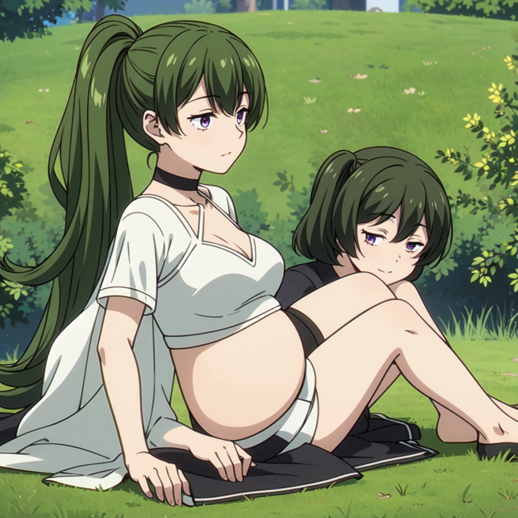 (((Best quality))), ((Ultra-detailed)), ((illustration)), ((Disheveled hair)), ((frilld)), (1 girl),(Solo),Leaf underwear, Cloak of leaves, simplebackground, themoon, The breath of life, green color, grassy fields, The Giant Tree of Life, A breath of green life, Gentle and powerful divinity, Wife-like feeling, Poor milk, 6 pregnant, pregnant women with,wedding,wedding_dress,bride,veil,
full body, purple eyes,green hair,Right side ponytail,