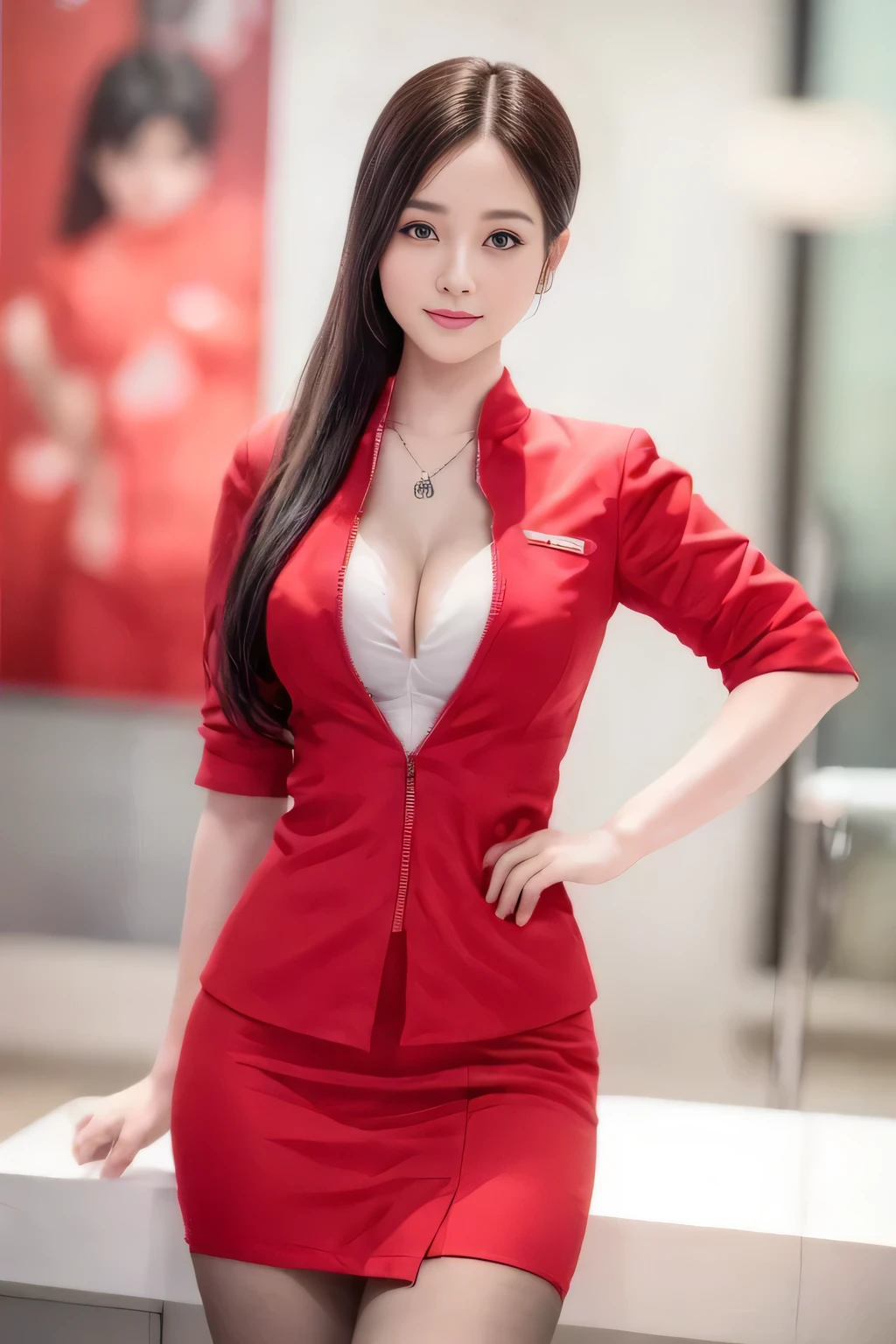 (masterpiece:1.2, Highest quality:1.2), 32k HDR, High resolution, (alone, 1 Girl), （AirAsia stewardess uniform realistic style）, A proper woman, Beautiful Face, Brown Hair, (Long hair down to the legs), (Red jacket:1.1, Unzipped jacket, Unbuttoned white shirt:1.05, Red mini skirt:1.1, pantyhose),（Showing big  through cleavage in unbuttoned white shirt）、（long hair that reaches down to the legs）、Perfect slim body:1.1, Huge breasts, huge breasts cleavage, Detailed skin texture, Beautiful Eyes, (Attractive look:1.2), necklace、Earrings、(forward leaning posture:1.5）, On the roof of a building, Rooftop at daytime,Blue eyes、Hands should be lowered