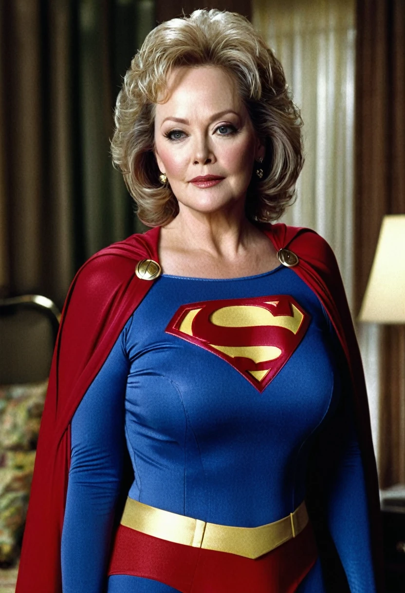 luxurious hotel room; Jean Smart 2024( big fat woman; powerful; trusting; higher) 2007 (((Woman defined body with big breasts, strong and firm; Supergirl 1984s costume dress))) as Supergirl(((Jean Smart's 1984 Supergirl Movie))); floating in mid - air.