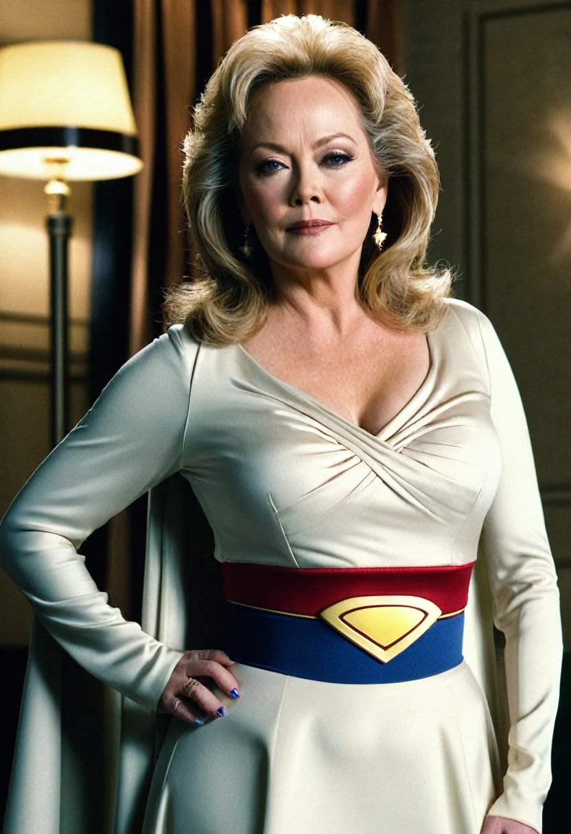 luxurious hotel room; Jean Smart 2024( big fat woman; powerful; trusting; higher) 2007 (((Woman defined body with big breasts, strong and firm; Supergirl 1984s costume dress))) as Supergirl(((Jean Smart's 1984 Supergirl Movie))); floating in mid - air.