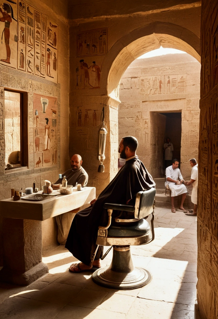 A detailed scene of a barbershop in ancient Egypt, showing an Egyptian barber in traditional attire performing haircuts and shaving, while in the background, customers wait on stone benches. The barbershop is decorated with hieroglyphics on the walls and antique shaving tools arranged on a table. Sunlight streams in through the stone windows, creating an authentic, historic ambiance