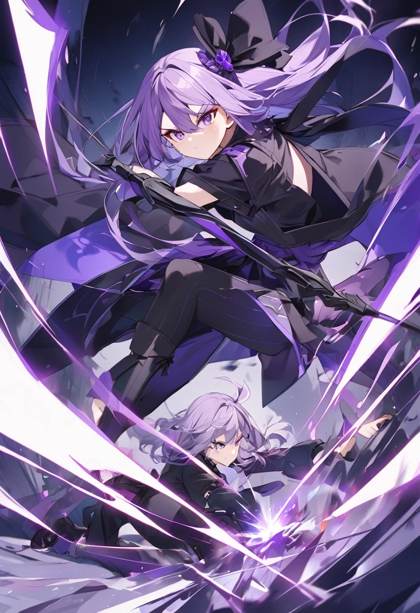 Keito。Purple Eyes。Light purple hair。Black shoes。Amethyst hair accessory。fight。Purple Halberd