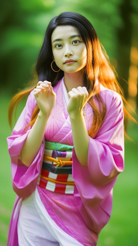 Cute Japanese woman, (16 years old), (Very cute face: 1.3), White moist skin, Looking at the camera, Melancholy expression,
BREAK,
Idol,
BREAK,
(Wearing cute kimono: 1.3), (Highly revealing kimono), Very large earrings, Short length,
BREAK,
(Fighting pose: 1.3),
BREAK,
(Long hair), (Pink hair: 1.2), (Wavy hair), (Gradient hair: 1.3), (Red hair at the ends),
BREAK,
(Realistic: 1.3), Masterpiece, Perfect lighting, (Ultra-high resolution), (8K), (Very detailed: 1.4), (From the front), (Full body: 1.4), (Symmetrical: 1.2),
BREAK,
(Shibuya city in Japan: 1.2),
BREAK,
(Demon Slayer: 1.4),
BREAK,
(Kasumi Arimura: 1.4),