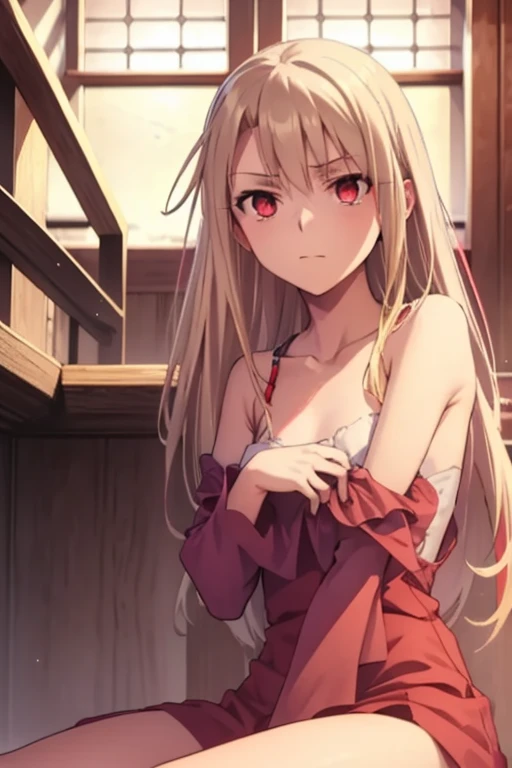 illyasviel von einzbern illya (red eyes:1.7), ((blonde hair)), (flat chest:1.2), leaning forward BREAK collarbone, very short purple summer dress, bare arms, bare shoulders, bare legs, teenager BREAK looking at viewer, BREAK indoors, BREAK (masterpiece:1.2), best quality, high resolution, unity 8k wallpaper, (illustration:0.8), (beautiful detailed eyes:1.6), extremely detailed face, perfect lighting, extremely detailed CG, (perfect hands, perfect anatomy),