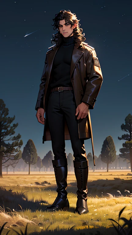 (detailed), (((normal guy))), (arab features), ((brown sheepskin jacket)), ((black curly hair loose hair)), (calm face), ((by the wide)), ((tall black boots)), (((Whole body))), ((in the middle of a field leaning on a tree), ((male)), (black turtleneck sweater), ((only one person)), (at night)