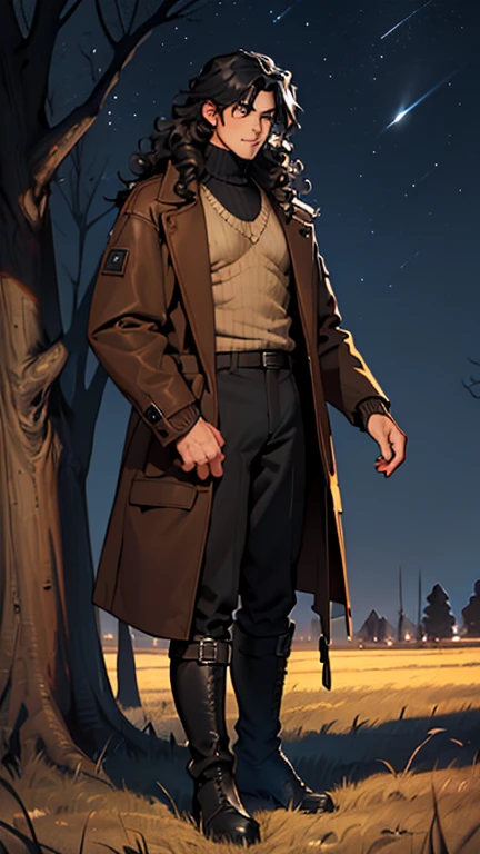 (detailed), (((normal guy))), (arab features), ((brown sheepskin jacket)), ((black curly hair loose hair)), (calm face), ((by the wide)), ((tall black boots)), (((Whole body))), ((in the middle of a field leaning on a tree), ((male)), (black turtleneck sweater), ((only one person)), (at night)