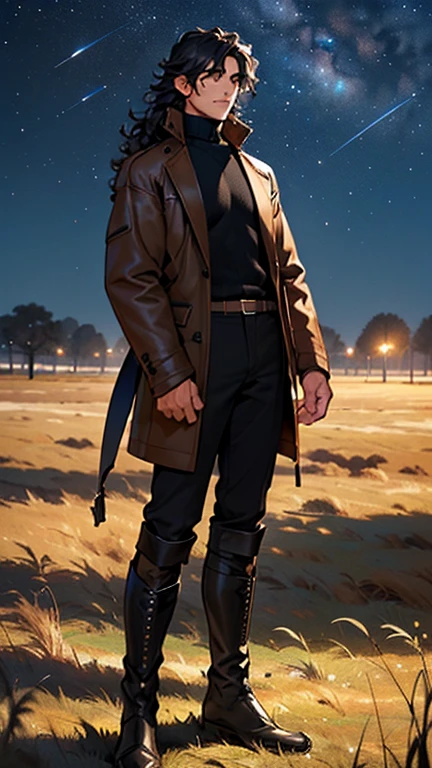 (detailed), (((normal guy))), (arab features), ((brown sheepskin jacket)), ((black curly hair loose hair)), (calm face), ((by the wide)), ((tall black boots)), (((Whole body))), ((in the middle of a field leaning on a tree), ((male)), (black turtleneck sweater), ((only one person)), (at night)