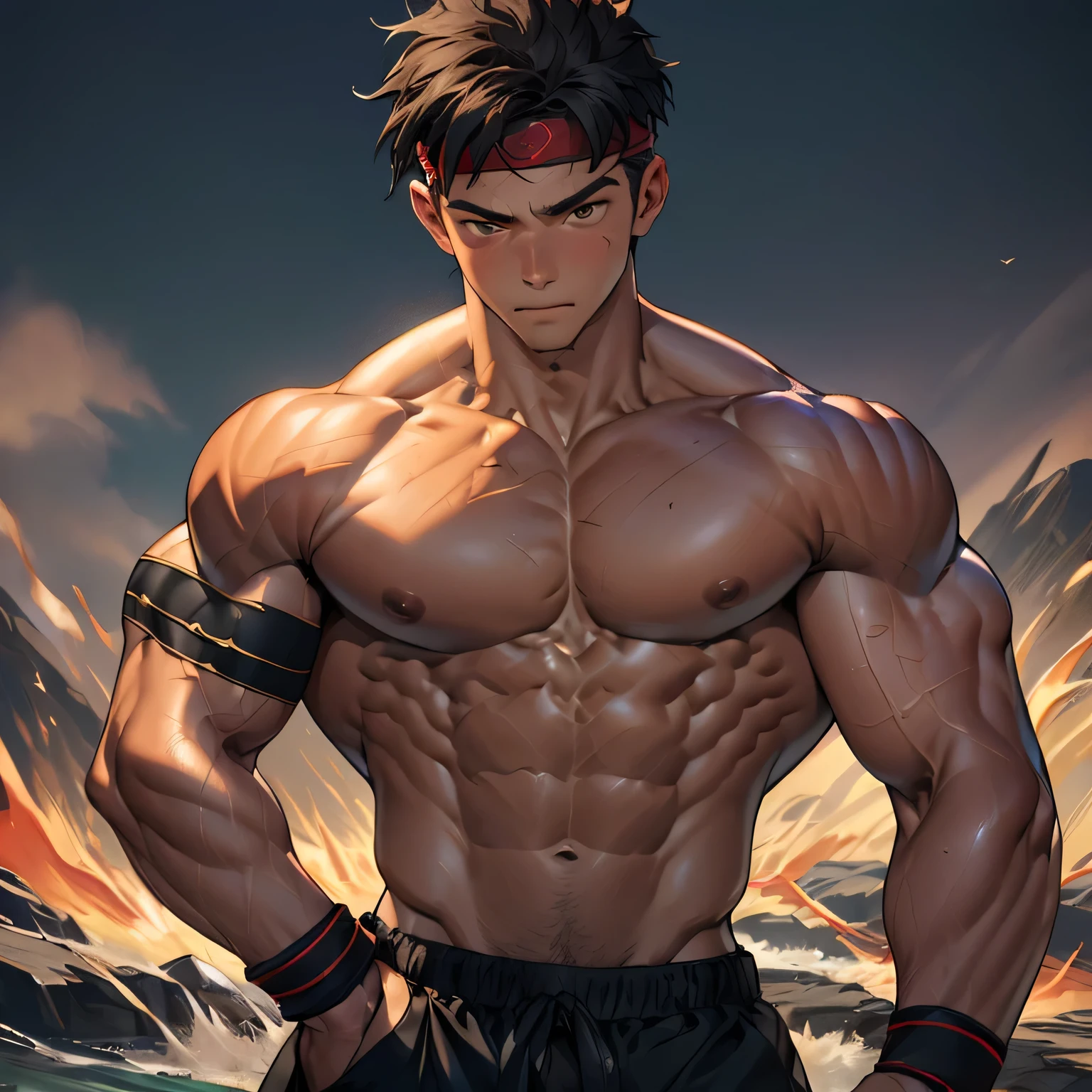 (Masterpiece, Best quality, 8k, ultra-detailed,  boy, worm eyes, black background), Young boy, muscler, Shirtless, ((((solo, fullbodyesbian, flesh boy, tough boy, reliable boy, developed body, kung fu fighter)))), (Dark Short straight hair, ((almost completely shaved hair)), under cut, brown eyes), (red headband, ((black wristband))), Vivid colors, ((hot Abs, abs!, big abs, big breast, chest!, muscler upper arms)), muscler!, muscler body, Man with martial arts stance, detailed face, detailed muscle, (((action pose, rippling muscles, deep night)))