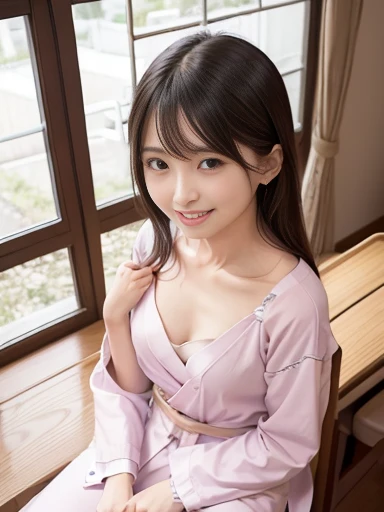 Japanese female, a lot of details, (underweight), 30 years old, detailed black hair, beautiful detailed hair, super fucking beautiful, delicate beautiful face, complex details beautiful and delicate eyes, perfect hands, (flat chest best quality:1.5), perfect and delicate limbs, detailed skin, best quality, ultra-detailed,(cheerful grin:1.5),
architectural photograph,open cafe, blissful, sitting, (pink japanese clothes), japanese, with a window, cowboy shot, from below