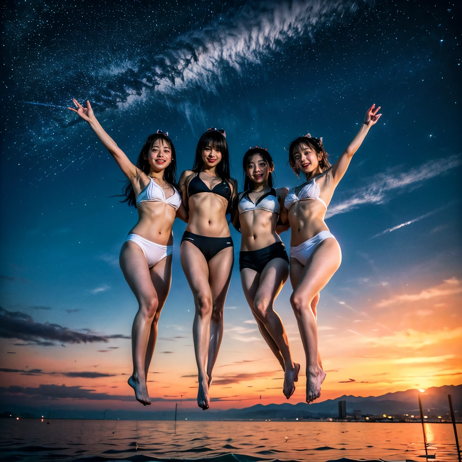  Masterpiece of (ProfessionalPhoto:1.37) ((ExtremelyDetailed (5 PICHIPICHI KAWAII Girls Floating in The Air in a row:1.37) in WHITE at Dusk Enoshima Beach)), {(Standing Full Body:1.2)|(from below:1.2)|Detailed KAWAII face}, Different types of hair colors, {(skinny(school swimwear))|(SchoolUniform)with Tiny AthleticShorts}, {(Corrected Childish hand)|Hidden hand|Different types of breasts|(Clearly Visible the shape of Butt)}, Joyful Expressions LifeLike Rendering, Detailed clothing texture, PerfectLighting, (Dazzling Horizon Visible through ThighGap), (Starry IridescentParticles:1.22) ColorfulClouds . Whole Body proportions and all limbs are anatomically accurate