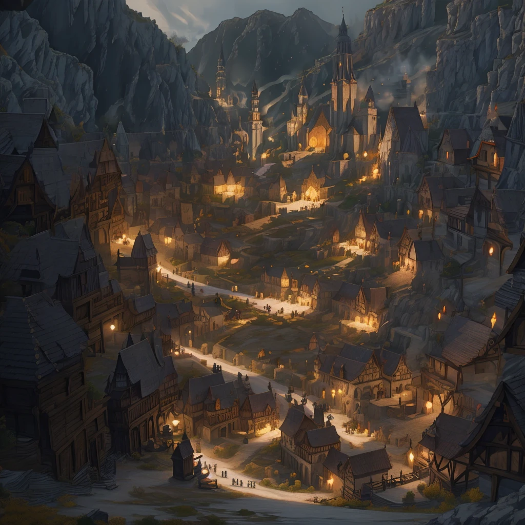 medieval fantasy capital's town entrance at outskirts, red, white and black enigmática, secured with Royal guards, anime Style ilustración, Creative and original , high quality, realistic ,