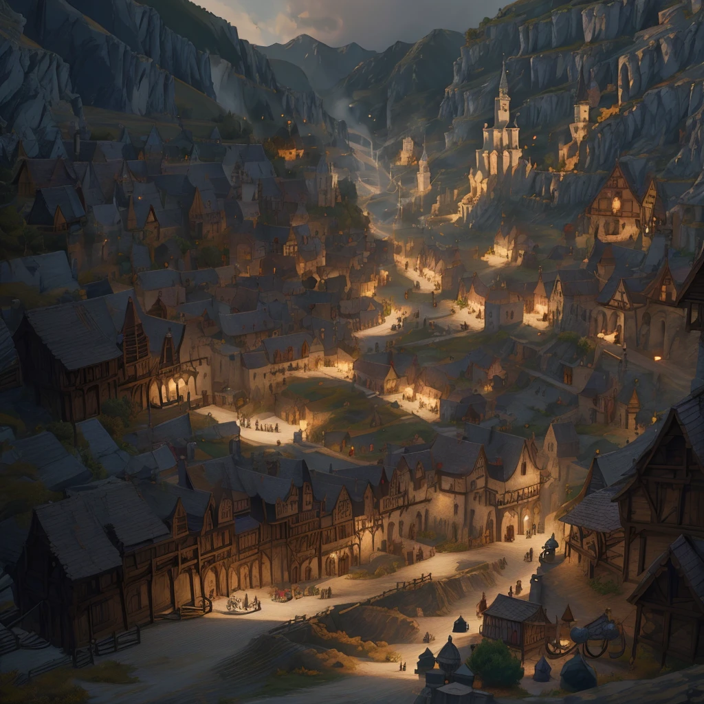 medieval fantasy capital's town  entrance at outskirts, red, white and black enigmática, secured with  Royal guards, anime Style ilustración, Creative and original , high quality, realistic , 