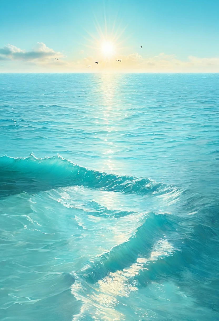 The ocean takes up half of the picture，Light blue ocean，Light海洋，Golden light and shadow，Light，Light，There are birds swimming in the sea，The whole atmosphere is relaxed，The color of the sea is very pale，Tiffany blue water，The sea is rough