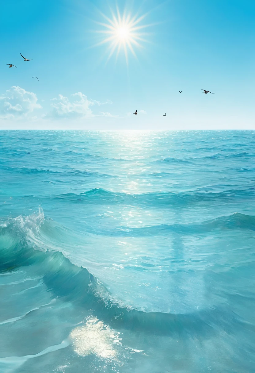 The ocean takes up half of the picture，Light blue ocean，Light海洋，Golden light and shadow，Light，Light，There are birds swimming in the sea，The whole atmosphere is relaxed，The color of the sea is very pale，Tiffany blue water，The sea is rough