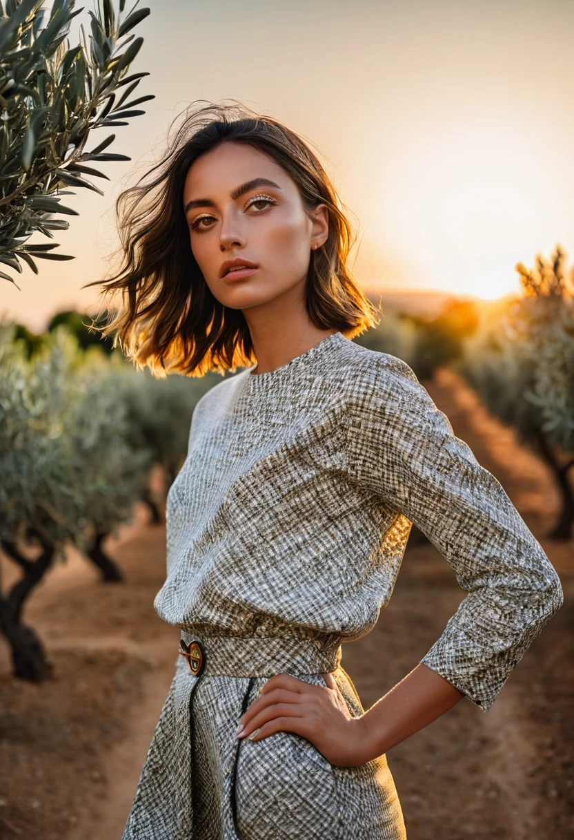 ((best quality)), ((masterpiece)), (detailed), half body shot, fashion photo shot, dynamic pose, dynamic angle, sunsetting in the background, young italian woman, wearing Dior apparel. she is looking off at the sunset, olive trees in the distance