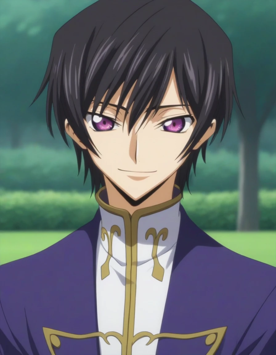 score_9, score_8_up, score_7_up, source_anime, rating_safe, intricate details, anime screencap, , , looking at viewer, depth of field, 1boy, solo, male focus, lelouch_lamperouge, black hair, purple eyes, bangs, smile, cute, purple suit costume, park, night.