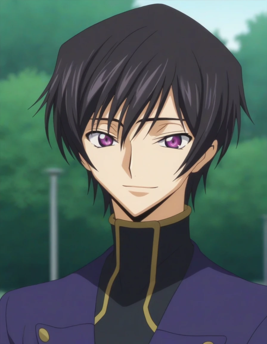 score_9, score_8_up, score_7_up, source_anime, rating_safe, intricate details, anime screencap, , , looking at viewer, depth of field, 1boy, solo, male focus, lelouch_lamperouge, black hair, purple eyes, bangs, smile, cute, purple suit costume, park, night.