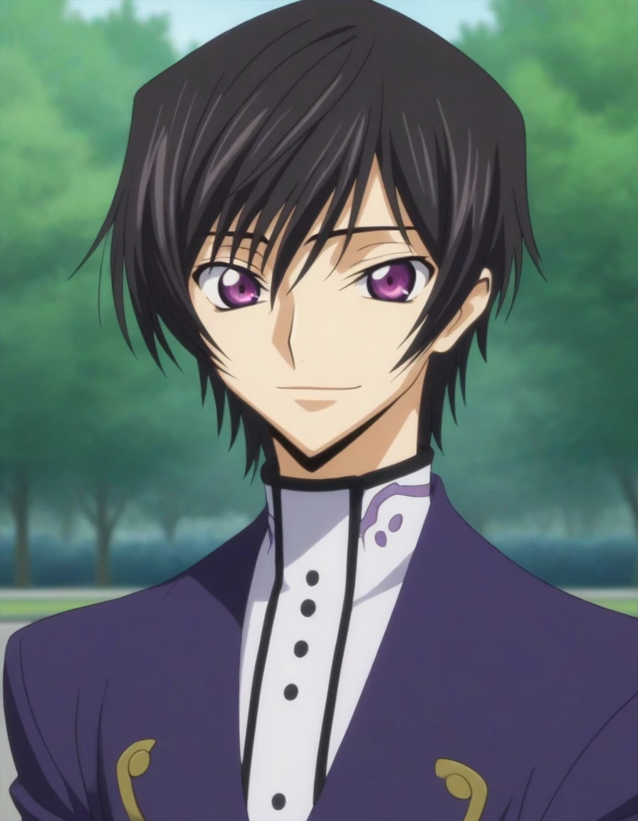 score_9, score_8_up, score_7_up, source_anime, rating_safe, intricate details, anime screencap, , , looking at viewer, depth of field, 1boy, solo, male focus, lelouch_lamperouge, black hair, purple eyes, bangs, smile, cute, purple suit costume, park, night.