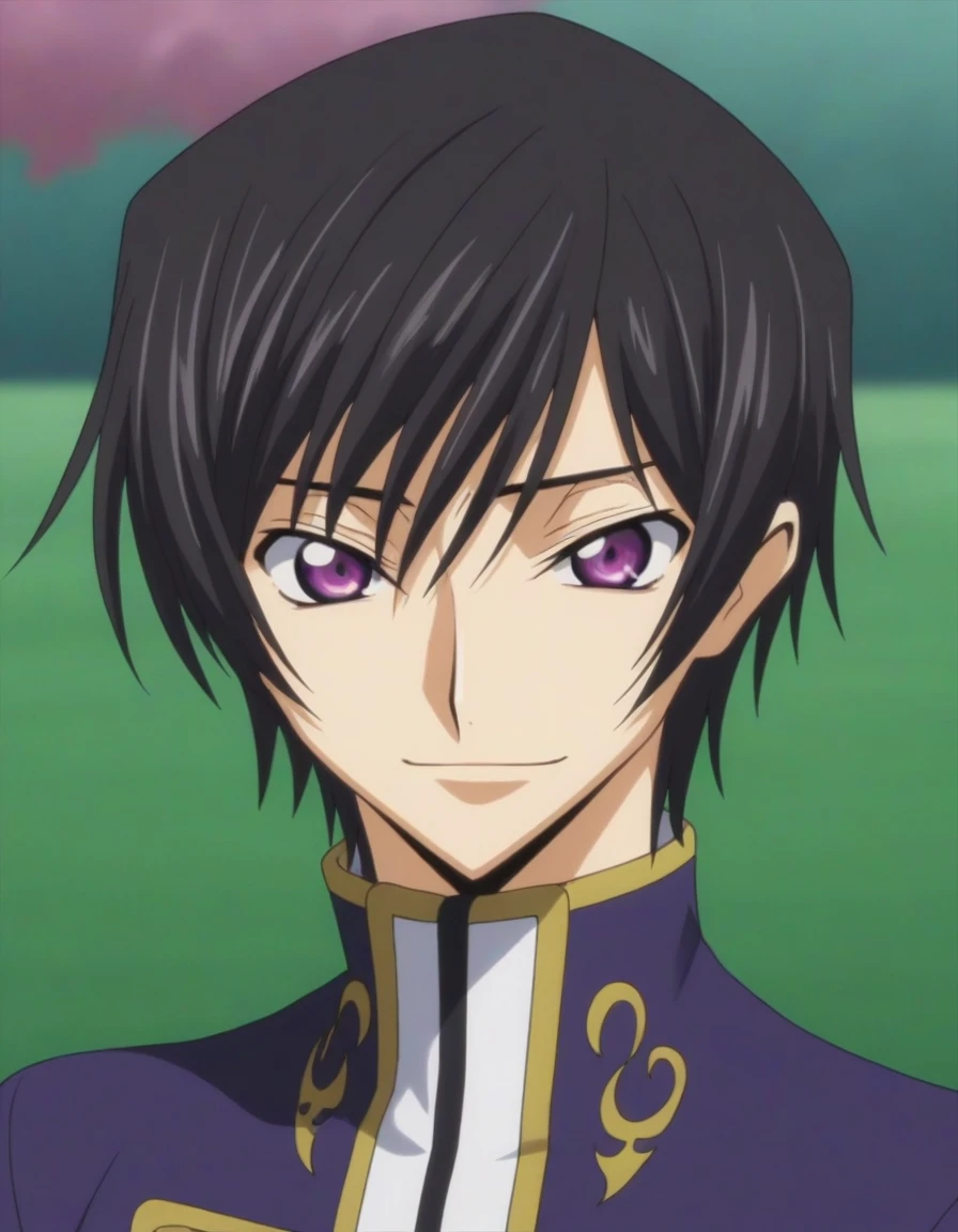 score_9, score_8_up, score_7_up, source_anime, rating_safe, intricate details, anime screencap, , , looking at viewer, depth of field, 1boy, solo, male focus, lelouch_lamperouge, black hair, purple eyes, bangs, smile, cute, purple suit costume, park, night.