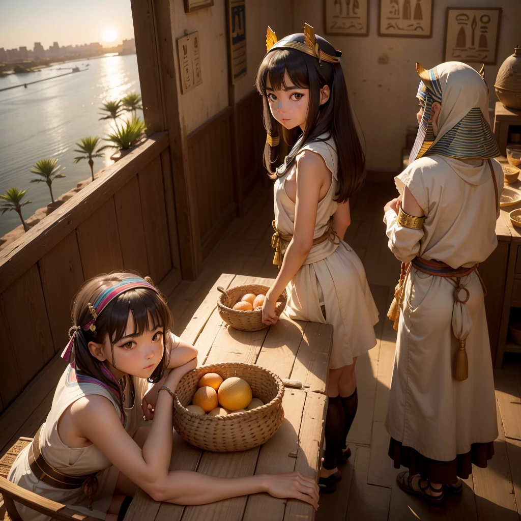 かわいいAncient Egyptの15歳の女の子、Ancient Egypt、View of the Nile、A colorful view of the whole、whole body、Low - Angle、Standing posture、Reeds are growing、Ancient Egyptの船、Ancient Egyptの風景、Sunset、