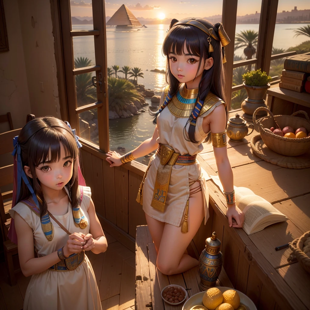 かわいいAncient Egyptの15歳の女の子、Ancient Egypt、View of the Nile、A colorful view of the whole、whole body、Low - Angle、Standing posture、Reeds are growing、Ancient Egyptの船、Ancient Egyptの風景、Sunset、