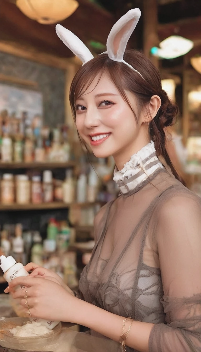 (Best image quality, Realistic depiction),(Make your body smooth with lotion,Sweaty body),choker,(Full nudity:1.10),(A woman wearing a bunny girl costume with a fishnet bodysuit, Show off your sexy body.),huge ,((Best character portrayal,Beautiful nudes))