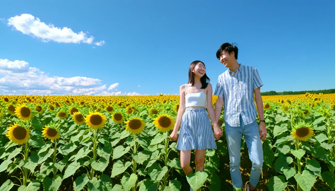 (best quality, masterpiece, ultra detailed, ultra high res, photorealistic, raw photo, absolutely resolution), A scene in a sunflower field with a 17-year-old Japanese man and a 19-year-old Japanese woman holding hands and smiling at each other. The background features a bright blue sky, with the vibrant yellow of the sunflowers standing out. The couple is centrally positioned, with their smiles clearly visible. The camera angle is a front-facing shot, capturing the expressions of both individuals. The overall color palette is bright and summery, emphasizing the contrast between the yellow sunflowers and the blue sky. The scene conveys a sense of happiness and joy.