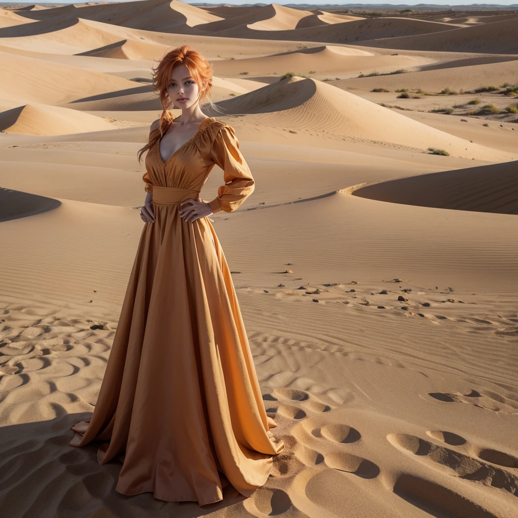 work of art, best qualityer, standing alone, 1 girl, hair orange, hair blue, :d, orange dress, looking ahead at viewer, plein-air, sand, sand dunes, huge castle, tails, standing, whole body, cowboy shot, hands on hips, 