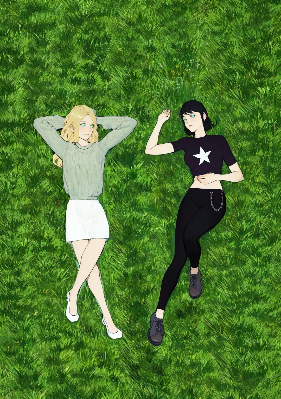 Two girls lying on the green grass full of flowers , looking at each other, One has blue eyes, short straight black hair , and the other has green eyes, long wavy blonde hair.