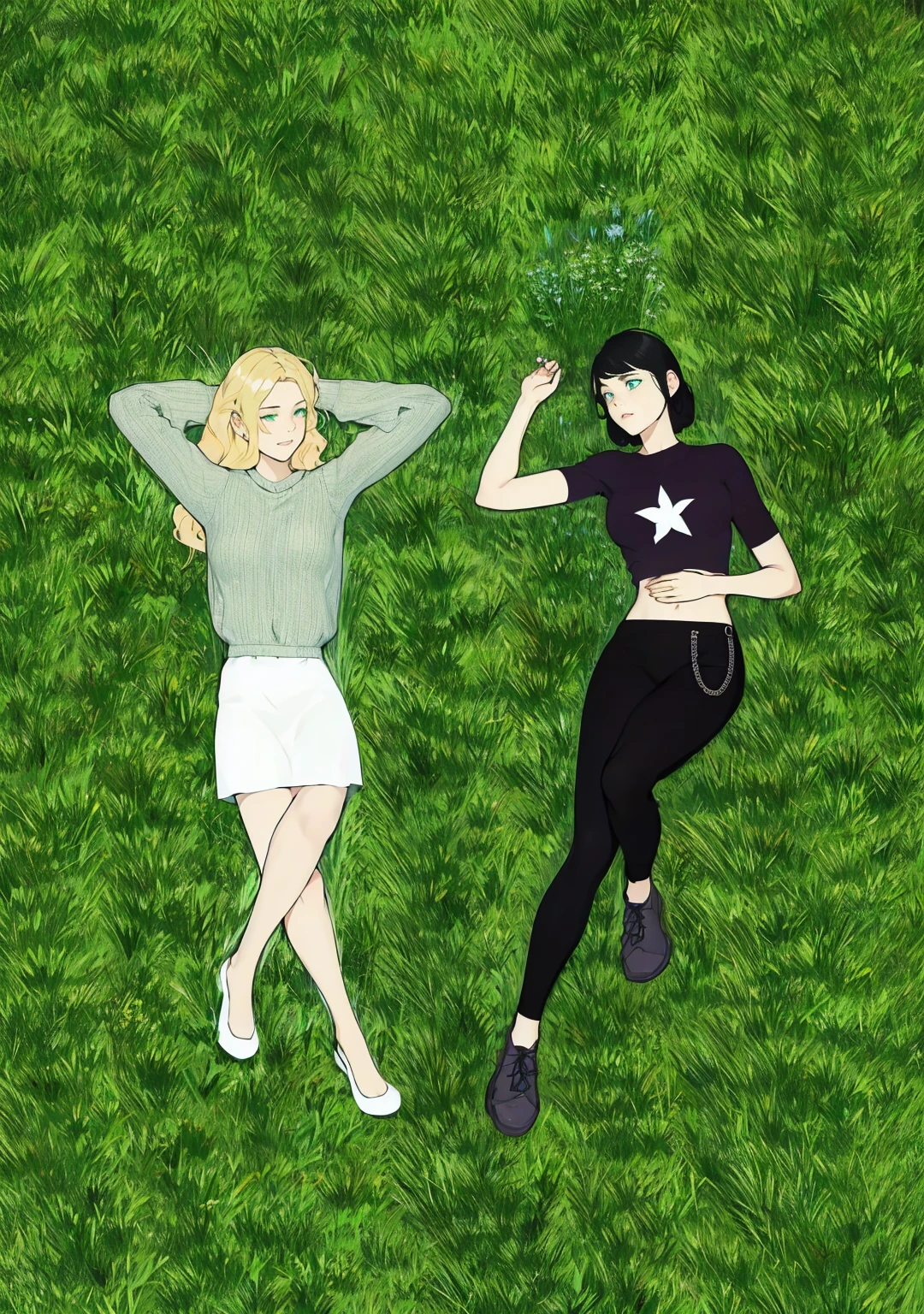 Two girls lying on the green grass full of flowers , looking at each other, One has blue eyes, short straight black hair , and the other has green eyes, long wavy blonde hair.