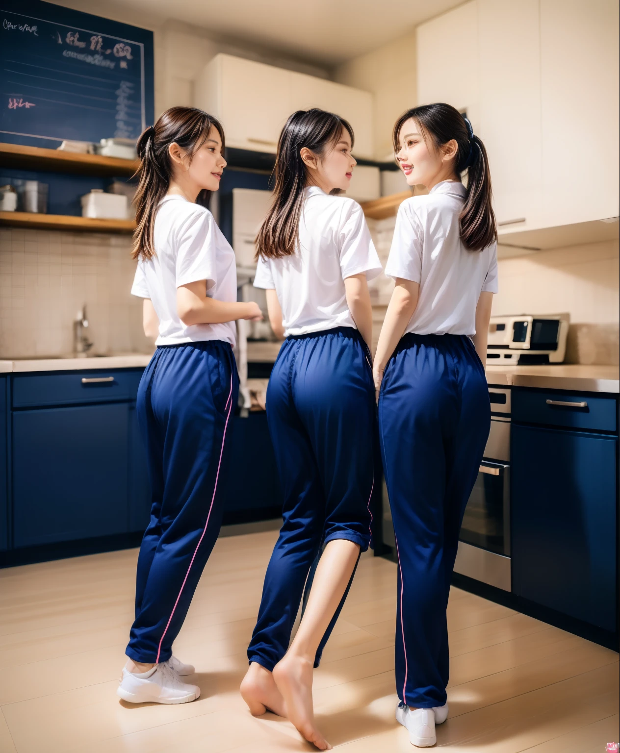 (best quality,10,10,height,Masterpiece:1.2),Special details,(realistic,ภาพrealistic,Realistic photos:1.37),1 Cute girl in the kitchen,shiny, ผิวshiny,only,smile softly,BDclothelue shirt:1.3)),short sleeve,shirt, กางเกงขาlong.,(navy_long_track pants:1.1), ((Kitchen Background)),Dynamic angle,excited,Face focus,dynamic poses,from behind,focus on ass,Masterpiece, best quality, ultra realistic, hyper detail, 8k resolution, raw photos, Sharp focus, ((Navy blue shirt:1.1)), short sleeve, เส้นทางlong, perfect body, 2 mature women, 18 years old, Cinema-grade lighting system,blue sweatpants,shirtผ้าออกกำลังกาย,correct anatomy,perfect body, correct body, Sharp face, correct bodyทางกายวิภาค, full body, realistic gestures, long-haired, realistic poses,Wear long shorts...........................,ช่วงขาlong,Good shape,carved girl, Slender figure, model, Good shape, beautiful body,blue sweatpants, two girls kissing