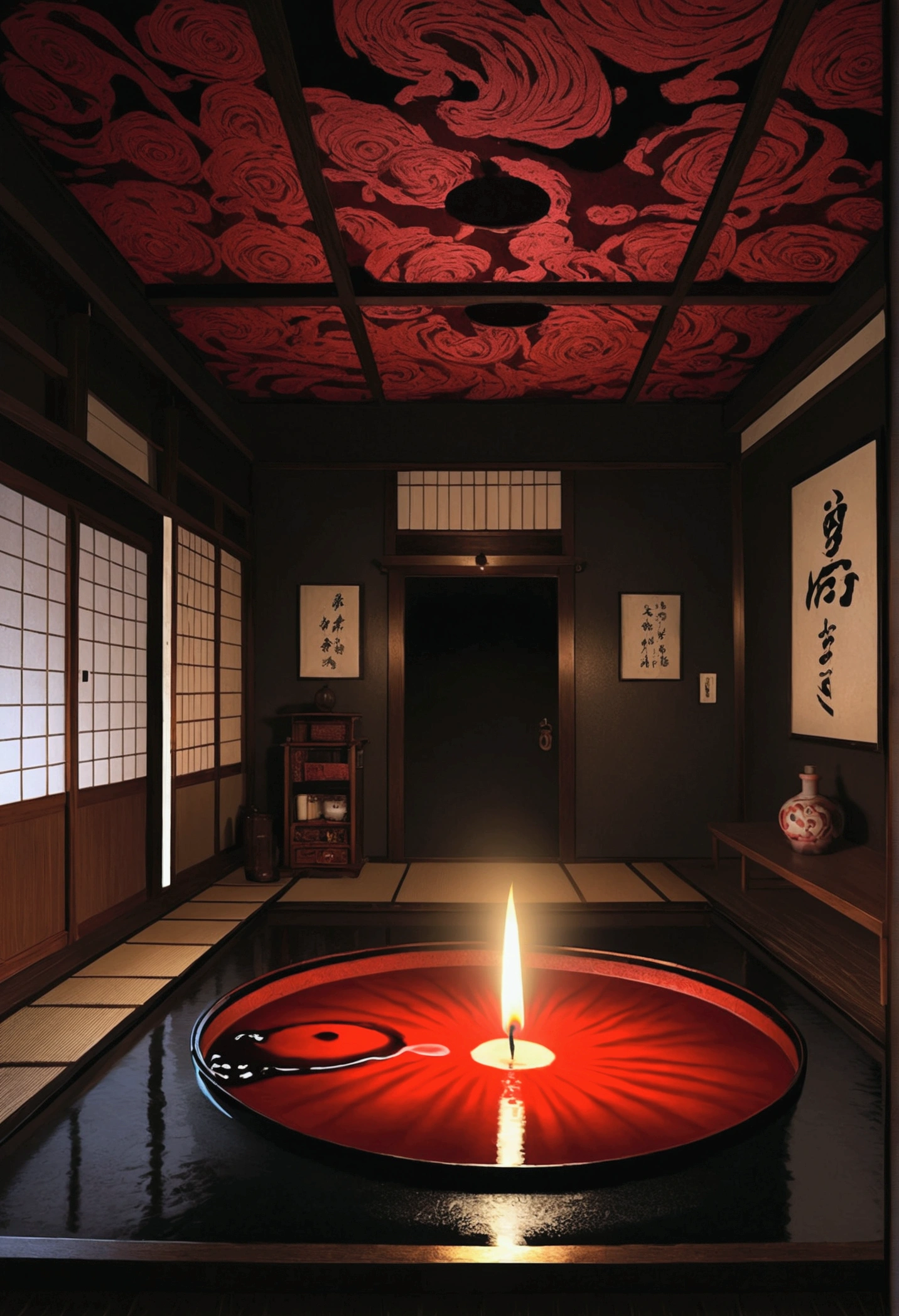 Pitch-dark Japanese-style room、Candle、Blood pool、blood droplets、Swirl、Numerous highlights、Painting:Junji Ito