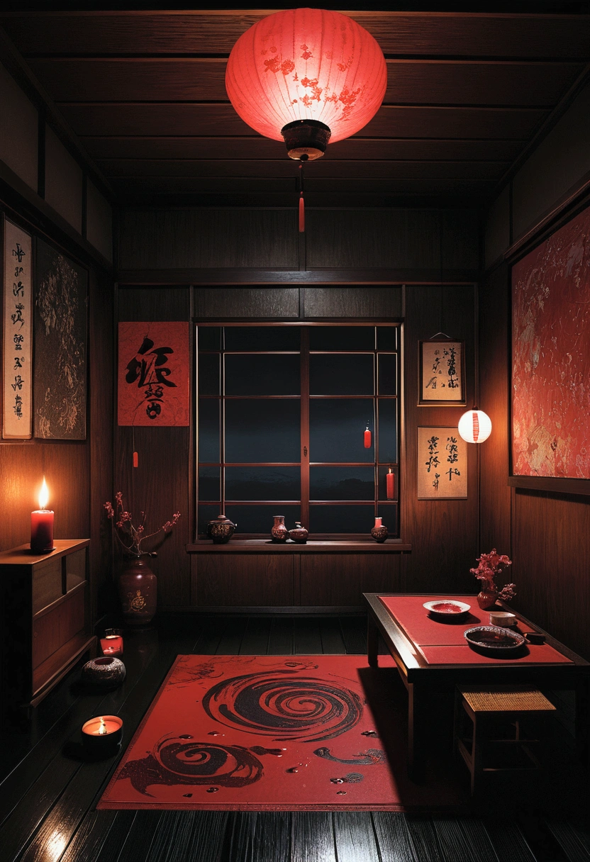 Pitch-dark Japanese-style room、Candle、Blood pool、blood droplets、Swirl、Numerous highlights、Painting:Junji Ito