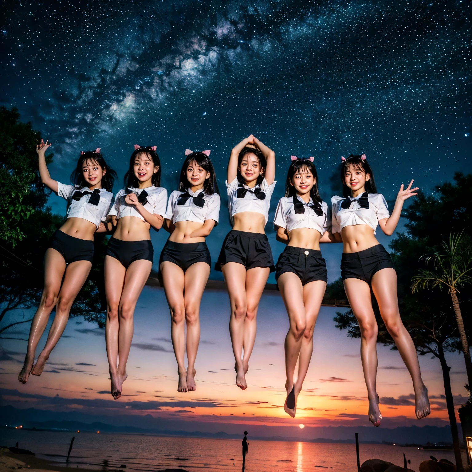  Masterpiece of (ProfessionalPhoto:1.37) ((ExtremelyDetailed (5 PICHIPICHI KAWAII Girls Floating in The Air in a row:1.37) in WHITE at Dusk Enoshima Beach)), {(Standing Full Body:1.2)|(from below:1.2)|Detailed KAWAII face}, Different types of hair colors, {(skinny(school swimwear))|(SchoolUniform)with Tiny AthleticShorts}, {(Corrected Childish hand)|Hidden hand|Different types of breasts|(Clearly Visible the shape of )}, Joyful Expressions LifeLike Rendering, Detailed clothing texture, PerfectLighting, (Dazzling Horizon Visible through ThighGap), (Starry IridescentParticles:1.22) ColorfulClouds . Whole Body proportions and all limbs are anatomically accurate