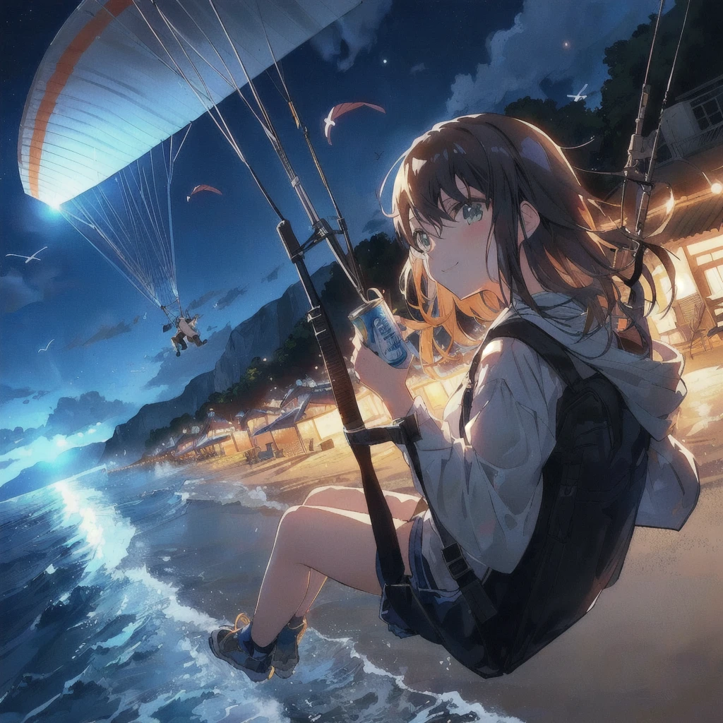 Anime girl flying over the sea with a paraglider and holding a can of beer,smile,4KAnime Wallpaper, Anime Wallpaper 4k, Anime Wallpaper4k, ( ( Makoto Shinkai ) ), hd Anime Wallpaper, Anime Wallpaper, Makoto Shinkai!, Makoto Shinkai!!, 80s anime style,Official artwork, makoto shinkai cyril rolando, 4K Manga Wallpapers, Anime Background