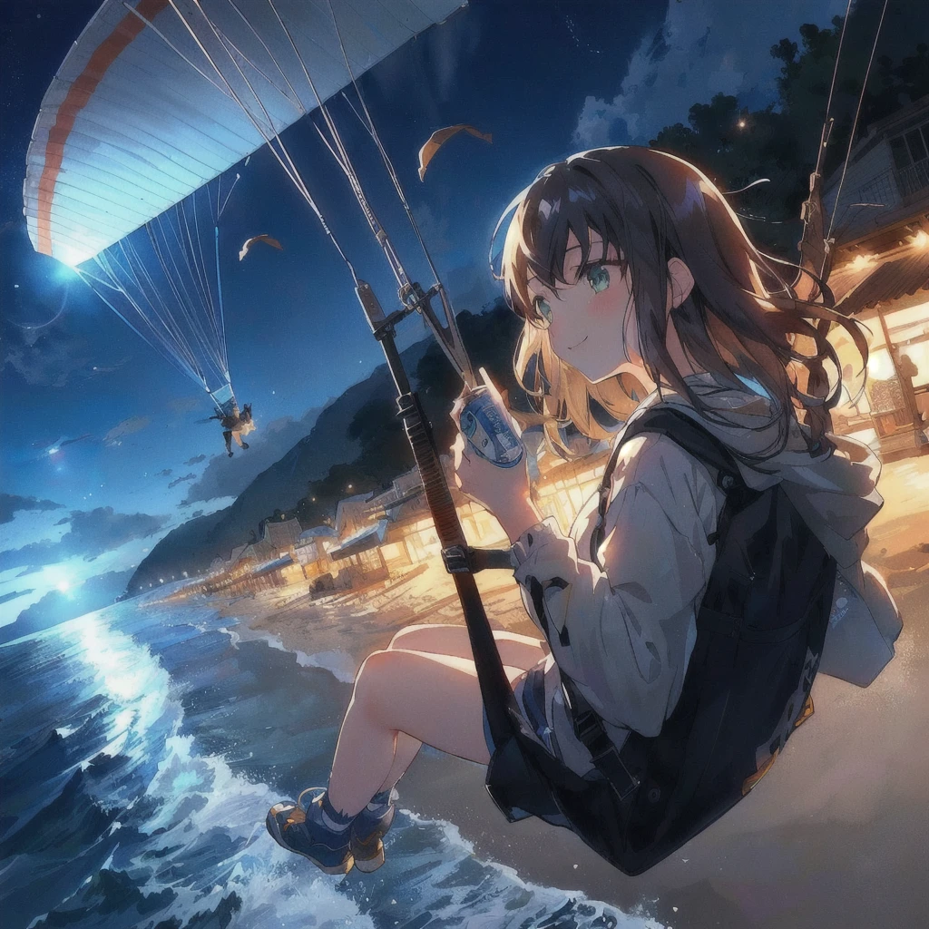 Anime girl flying over the sea with a paraglider and holding a can of beer,smile,4KAnime Wallpaper, Anime Wallpaper 4k, Anime Wallpaper4k, ( ( Makoto Shinkai ) ), hd Anime Wallpaper, Anime Wallpaper, Makoto Shinkai!, Makoto Shinkai!!, 80s anime style,Official artwork, makoto shinkai cyril rolando, 4K Manga Wallpapers, Anime Background
