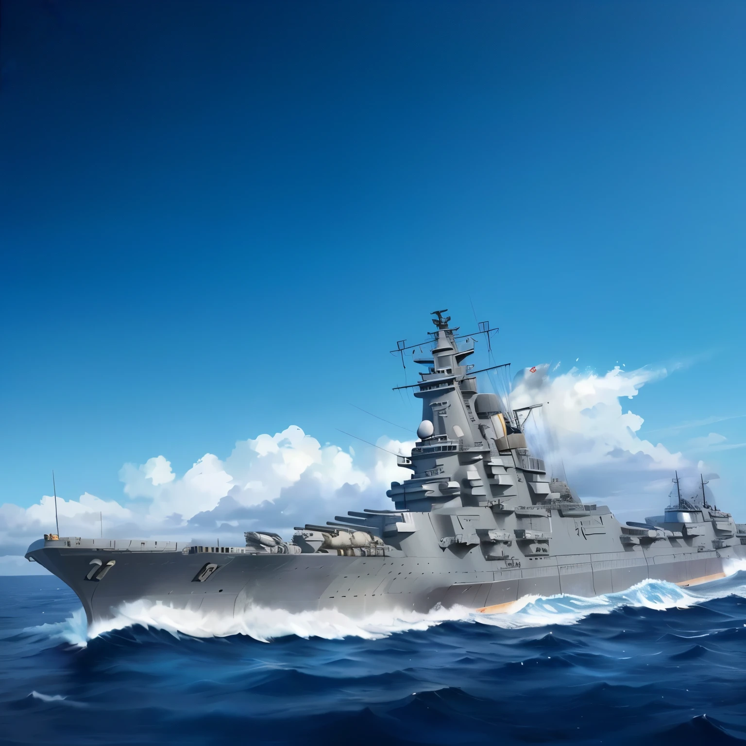 painting of a large Battleship in the middle of the ocean, Yamato, realistic warship design, Battleship, yuyushiki, konpeki no kantai, Kantai Collection, warship, The shore is empty, yellow wind, 1/400, Aoshima, 1/320, warships, Howard Lyon