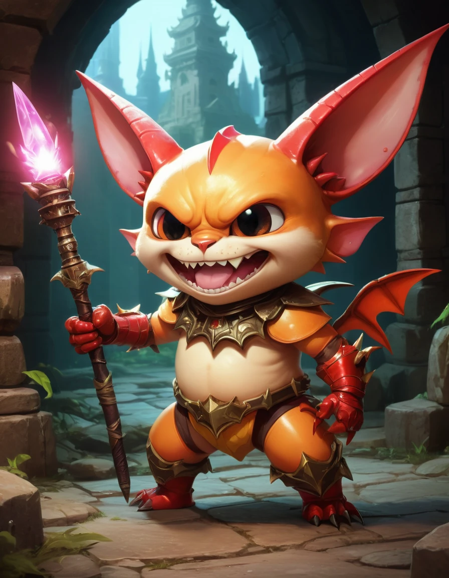 kawaii style big ferocious fantasy sleek rodent organism, grimacing evin grin, quadrumanual, four-fingered hands, short-tailed, luminescent skin, bat-like ears, crab like spiked armor, in an ancient dungeon, dim torch lighting, sharp focus, . cute, adorable, brightly colored, cheerful, anime influence, highly detailed,