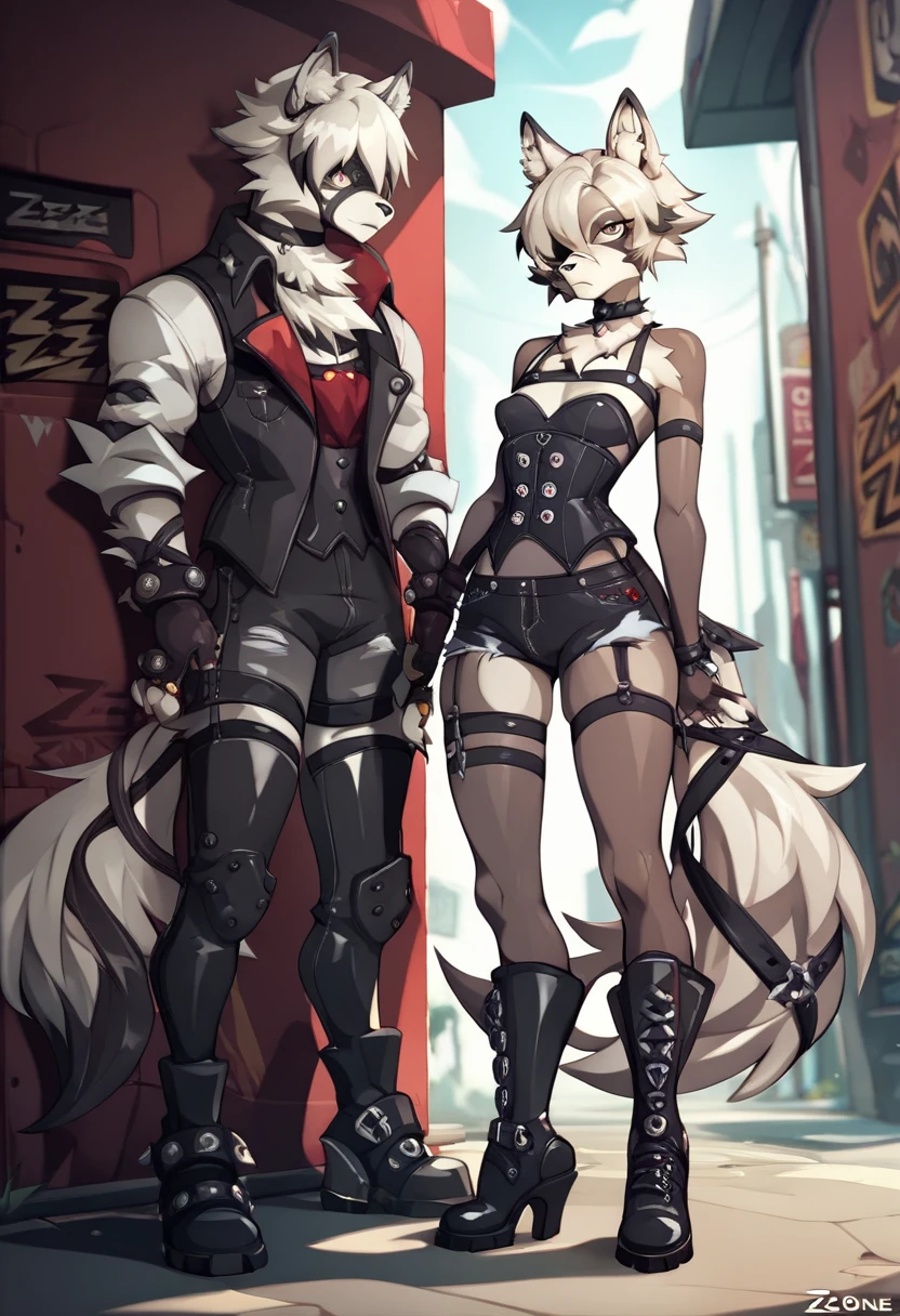 Score_9, score_8_up, score_7_up, von_lycaon_(zenless_zone_zero), Anthro, source_furry, Anthro furry male wolf, standing, female, feminine, small breasts, wearing black corset, black short shorts, black stiletto boots