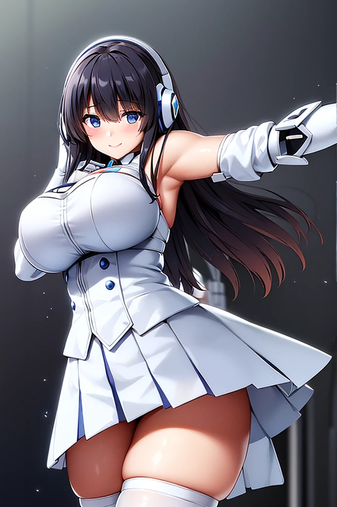 mecha wings、White and blue skirt、Accentuated thighs、White tights、chest、Beautiful black hair、1 girl、solo girl、Thick thighs、IS、Frame Arms Girl、Alice Gere Aegis、White Armor、income、headphone、hand on own chest、smile