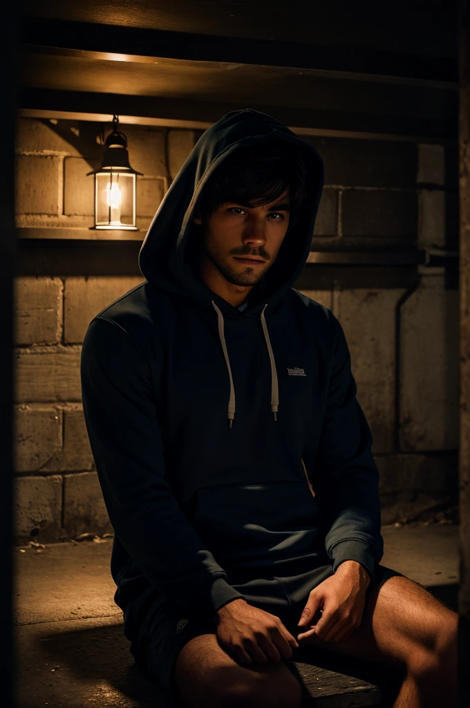 Man wearing hoodie by head down and sitting under a dark place with low light