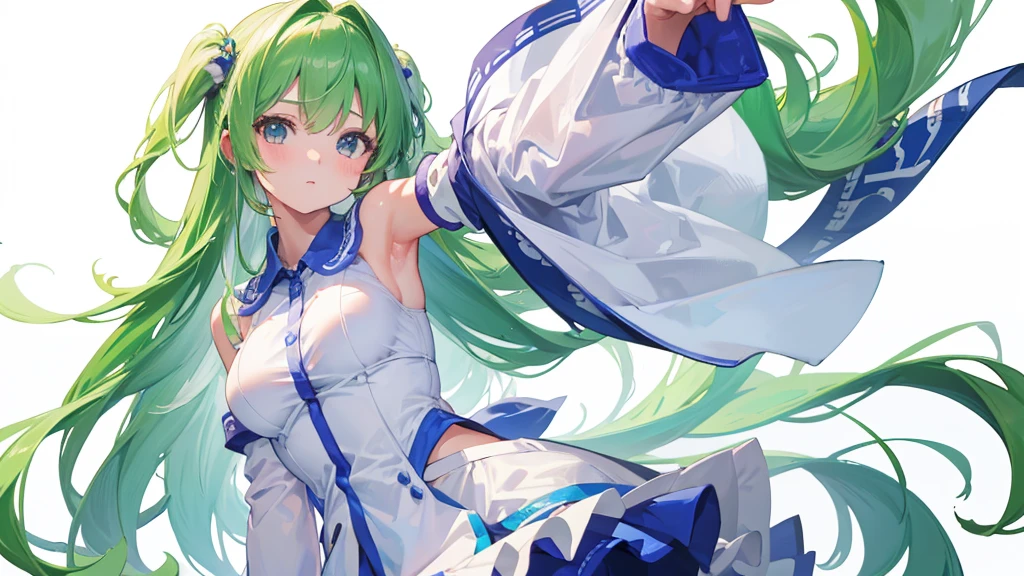 (Highest quality)　(4K)　(8k)　(High resolution)　(masterpiece:1.2)　(Super detailed)　One girl　Sanae Kochiya　(White Background)　Standing posture　Serious　White clothing　Blue Skirt