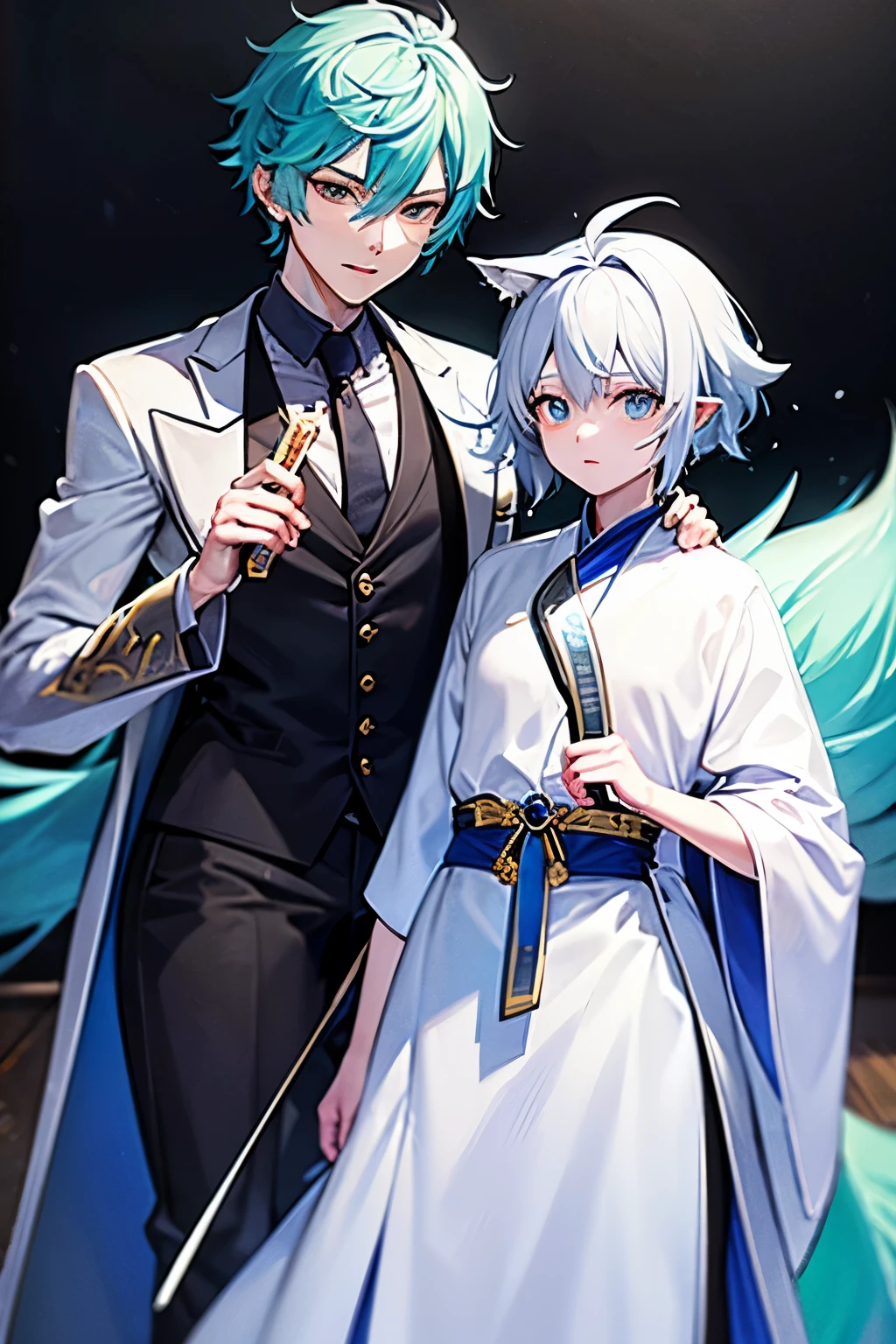 blue、Green male fox,White hair on forehead,Blue eyes,Left ear tip, yes,Wearing a robe,Tang knife in hand