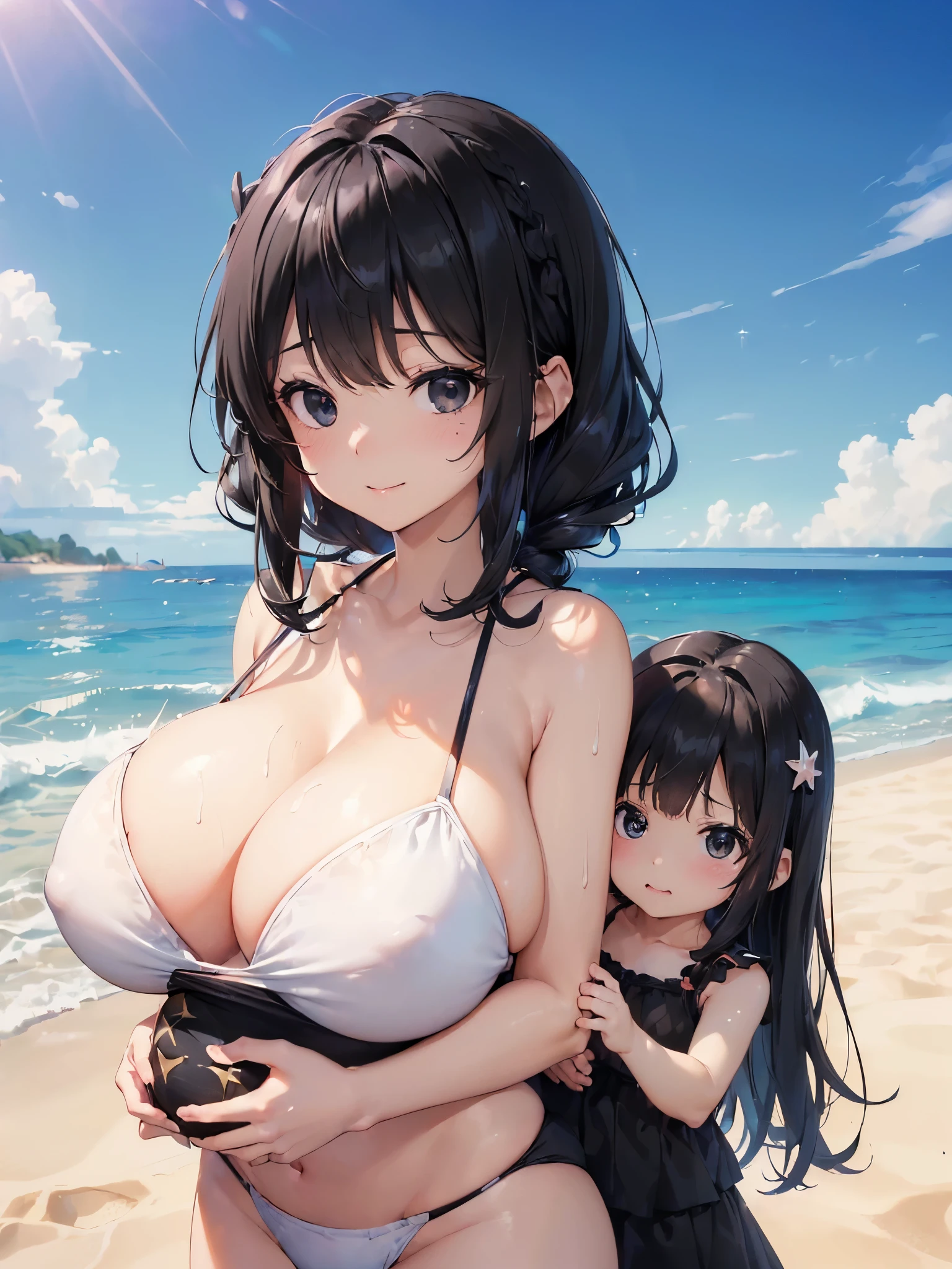 ((beach:2.0)),(Eight-headed mother:2.0),(Smiling Beam:1.5), ((Mother showing her huge breasts:1.5)), ((比基尼:2.0)),Female 2,Mother and daughter,Highest quality, 4K, masterpiece, Very detailedな, Studio Lighting, Hilarious, Vivid expression, ((水着をきたMother and daughterが並んでいる:2.0)),((Huge breastsを持つ30歳のBlack Hairの母親:2.0)),((競泳水着をきた10歳の貧乳のBlack Hairの幼女:2.0)),super high quality, Very detailed,Perfect photo,3d,8k,High resolution,Enchanting anime girl, Medium Hair:1.3,Black Hair,(black eye:1.5),Sporty hairstyles,Smooth anime CG art,