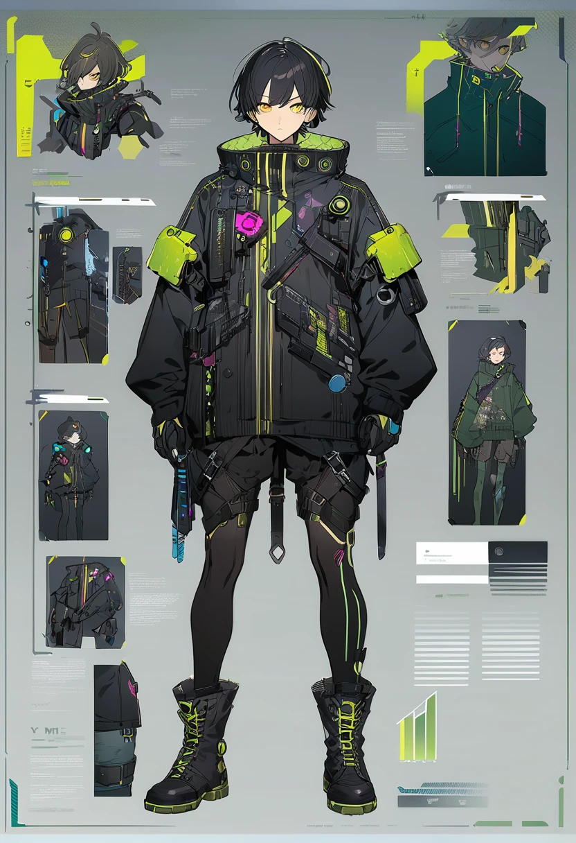 Young adult male,Yellow Eyes,tall,Long legs,short hair,Black hair with blue and green mesh,Front view up,Contrasting Faces,Concept Art,Game character design illustration,cyber punk,Military boots,Highest quality,4K,